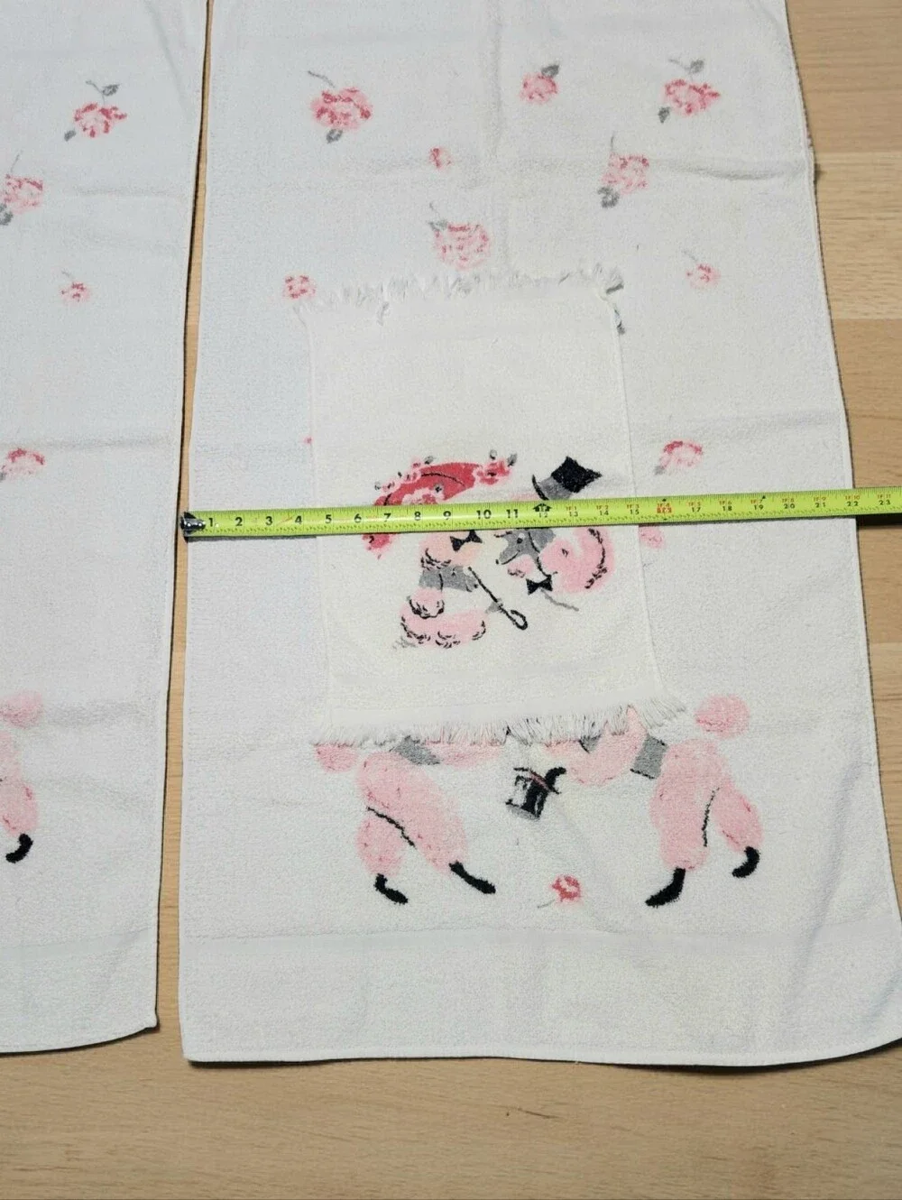 Vintage 50s Cannon French Poodle Roses Towel Set Of 3 Pink White Parasol Cotton